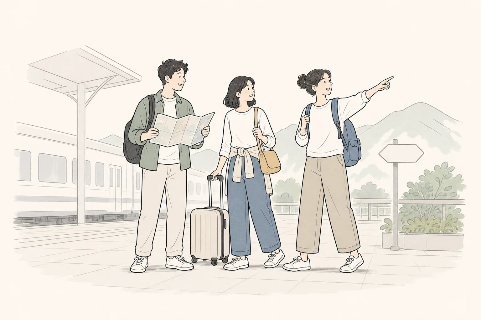 三位旅友带着地图、背包和行李，在出发前一起确认旅行方向